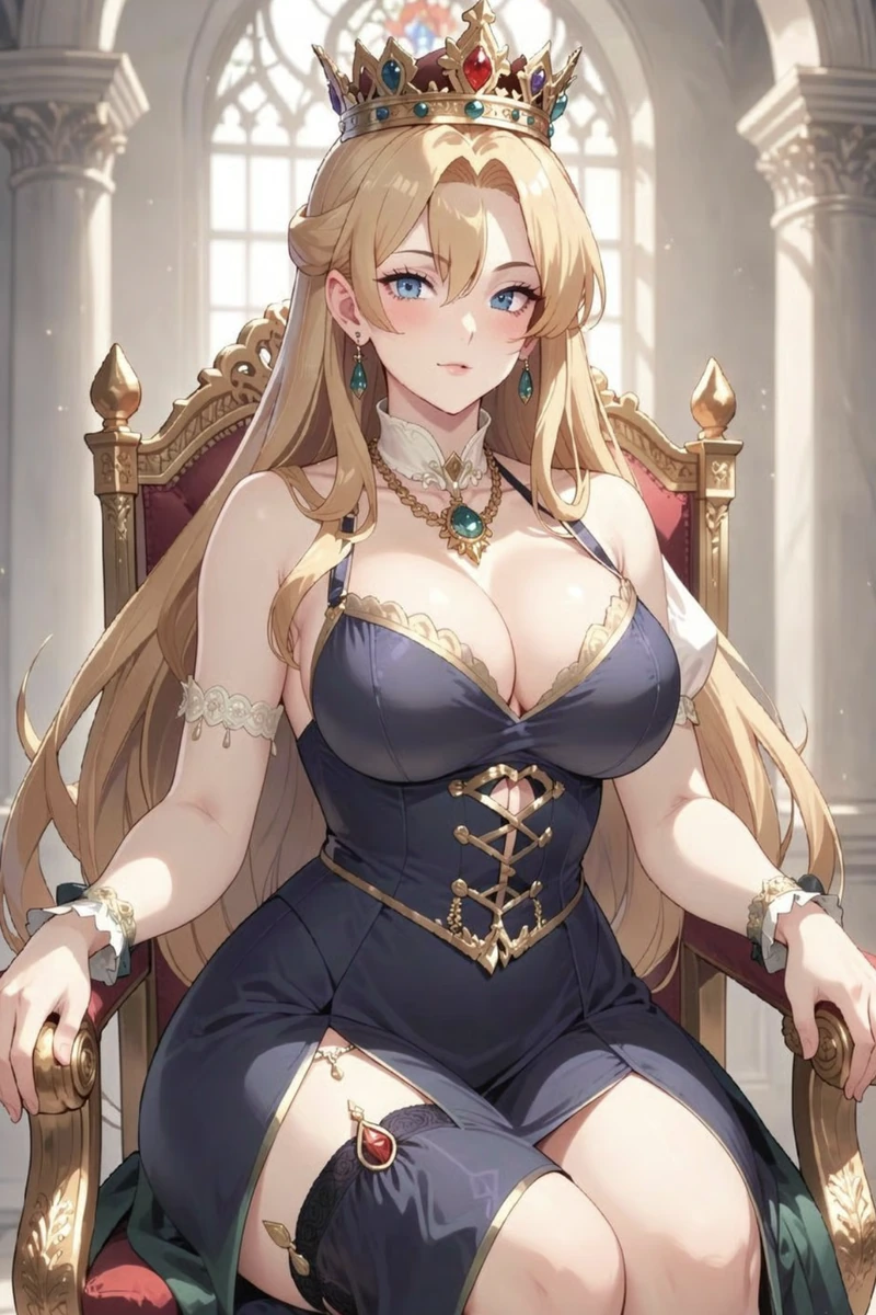 宮殿の玉座に座る王冠姿の成人ファンタジーAIキャラクター、王城セレス